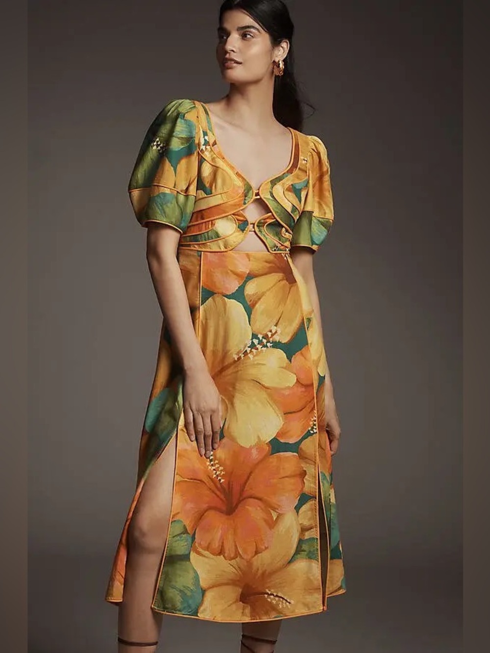 Farm Rio x Anthropologie Linen Blend Short-Sleeve Cutout Printed Midi (tag cut)